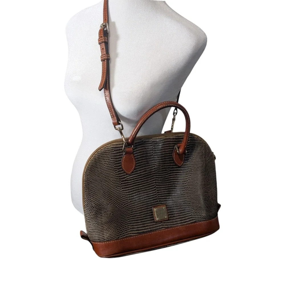 Dooney and Bourke Snake Skin Embossed Leather Satchel Dome Bag Grey Brown Strap